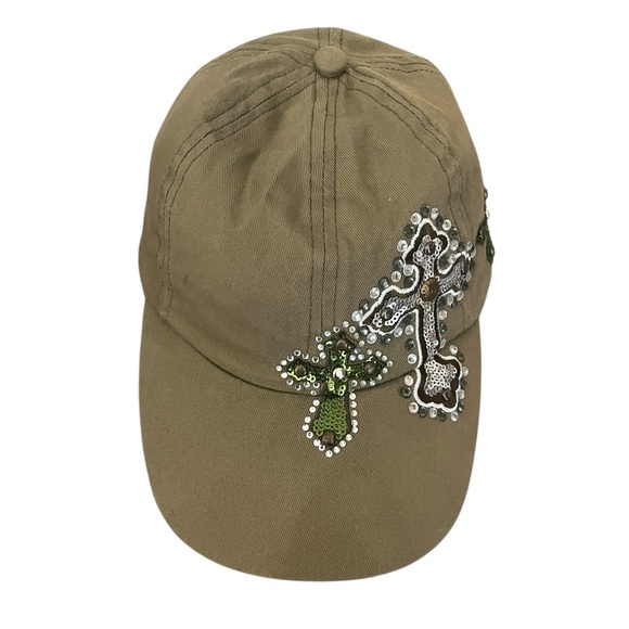 Something Special LA Embellished Sequins Rhinestones Studded Cross Khaki Cap Hat - Picture 4 of 10